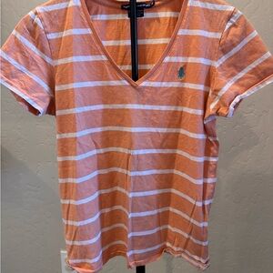 Ralph Lauren Peach Striped V-Neck Polo Tee